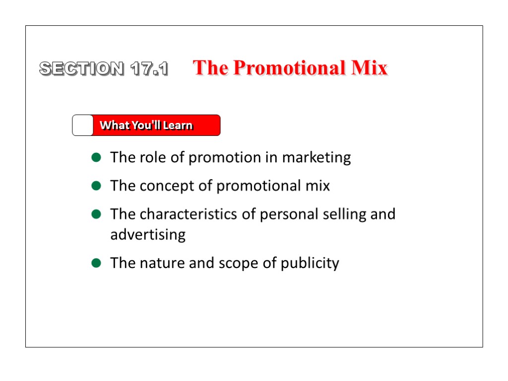 SECTION 17.1 What You'll Learn The role of promotion in marketing The concept of